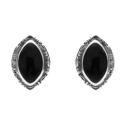 Sterling Silver Whitby Jet Marquise Beaded Edge Stud Earrings. E136. 