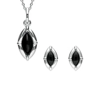 Sterling Silver Whitby Jet Marquise Beaded Edge Two Piece Set. s039