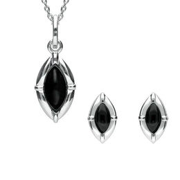 Sterling Silver Whitby Jet Marquise Beaded Edge Two Piece Set. s039