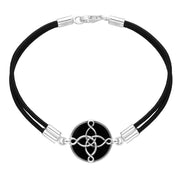 Sterling Silver Whitby Jet Mission Band Logo on Leather Thong Bracelet B1155