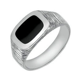 Sterling Silver Whitby Jet Oblong Bark Effect Signet Ring. R006