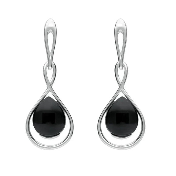 Sterling Silver Whitby Jet Open Pear Twist Drop Earrings E2440