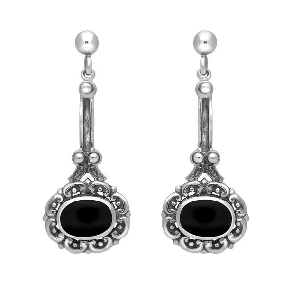 Sterling Silver Whitby Jet Ornate Antique Oval Drop Earrings. E053. 