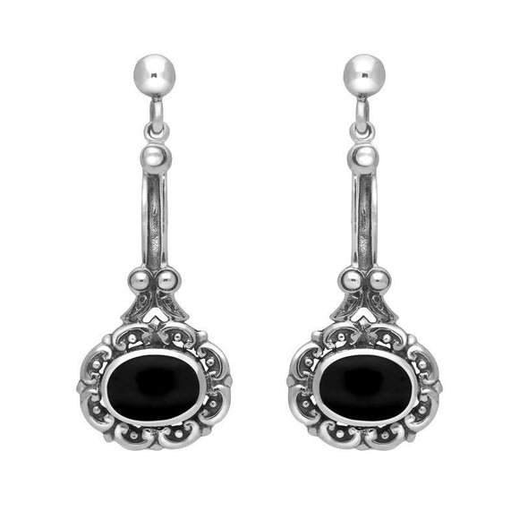 Sterling Silver Whitby Jet Ornate Antique Oval Drop Earrings. E053. 
