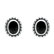 Sterling Silver Whitby Jet Oval Bobble Edge Stud Earrings. E135. 