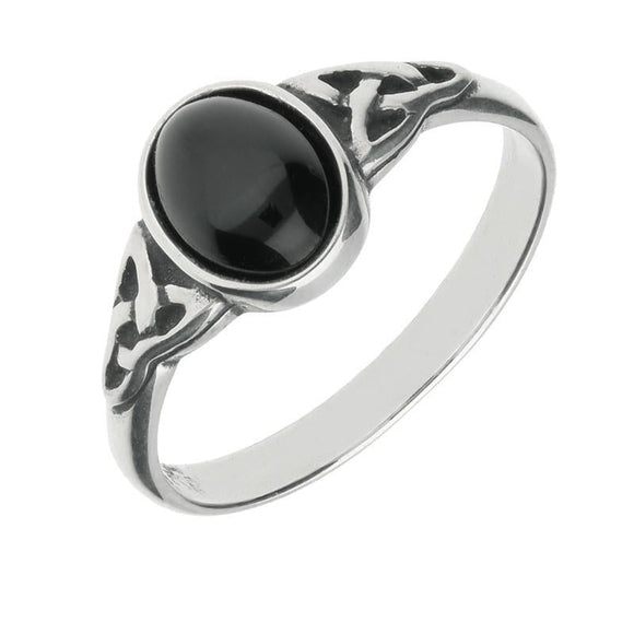 Sterling Silver Whitby Jet Oval Celtic Shoulder Ring R827