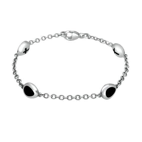 Sterling Silver Whitby Jet Oval Cross Detail Four Stone Bracelet 