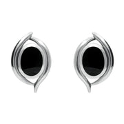 Sterling Silver Whitby Jet Oval Double Fleur Stud Earrings