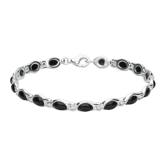 Sterling Silver Whitby Jet Oval Link Bracelet. B948.