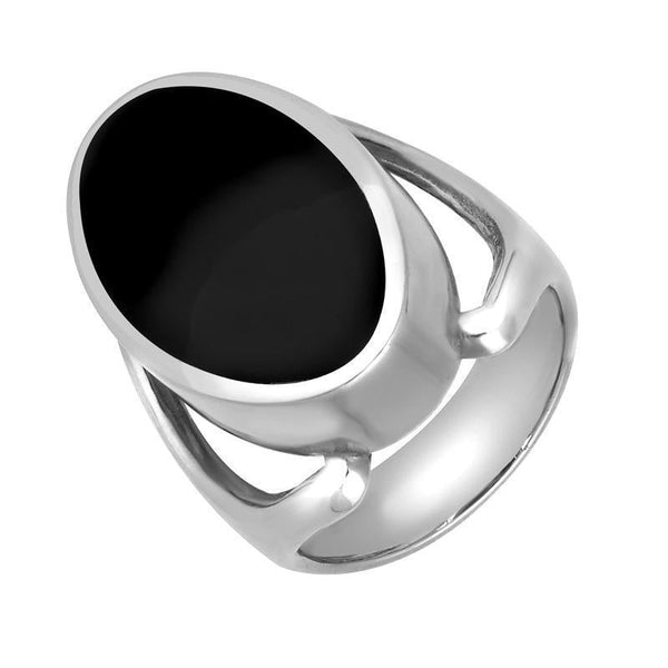 Sterling Silver Whitby Jet Oval Split Shoulder Ring. R141.