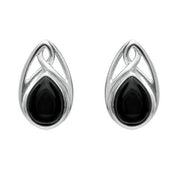 Sterling Silver Whitby Jet Pear Shaped Celtic Stud Earrings. E973.