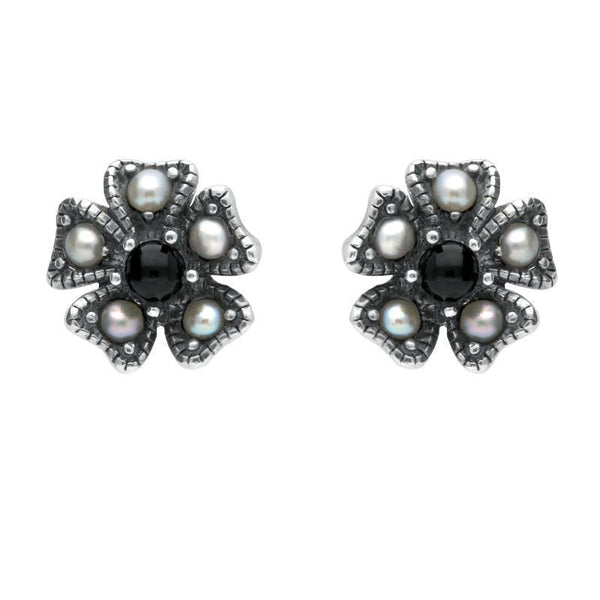 Sterling Silver Whitby Jet & Pearl 5 Petal Stud Earrings. E1697