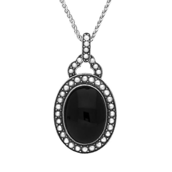 Sterling Silver Whitby Jet Pearl Edged Oval Necklace. P2219.