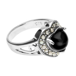 Sterling Silver Whitby Jet Pearl Heart Shaped Ring. R1056.