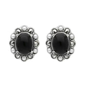 Sterling Silver Whitby Jet Pearl Marcasite Oval Beaded Edge Stud Earrings E1694