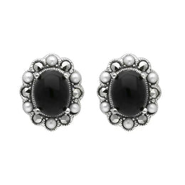 Sterling Silver Whitby Jet Pearl Marcasite Oval Beaded Edge Stud Earrings E1694