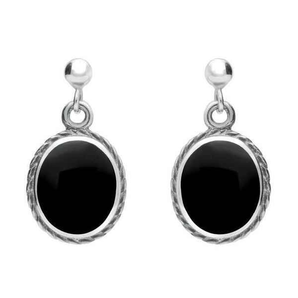 Sterling Silver Whitby Jet Rope Edge Oval Drop Earrings. E010. 