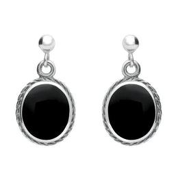 Sterling Silver Whitby Jet Rope Edge Oval Drop Earrings. E010. 