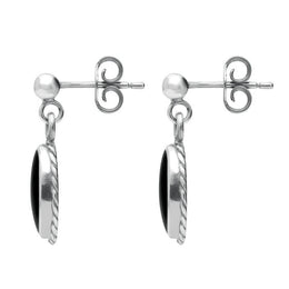 Sterling Silver Whitby Jet Rope Edge Oval Drop Earrings. E010. 