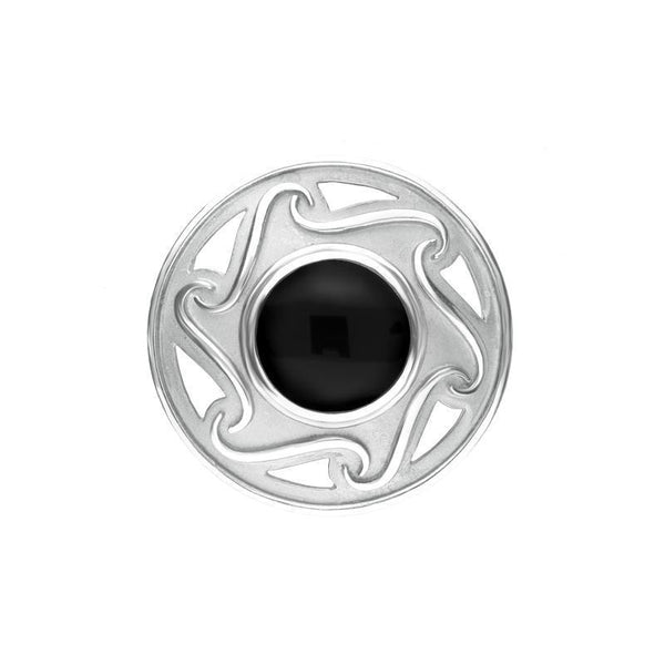 Sterling Silver Whitby Jet Round Celtic Framed Brooch. m197.
