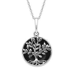 Sterling Silver Whitby Jet Round Large Leaves Tree of Life Two Piece Set