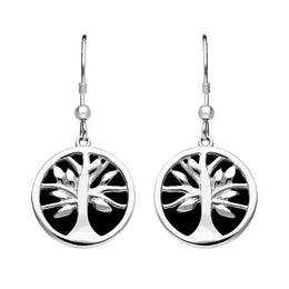 Sterling Silver Whitby Jet Round Tree of Life Drop Earrings E2485
