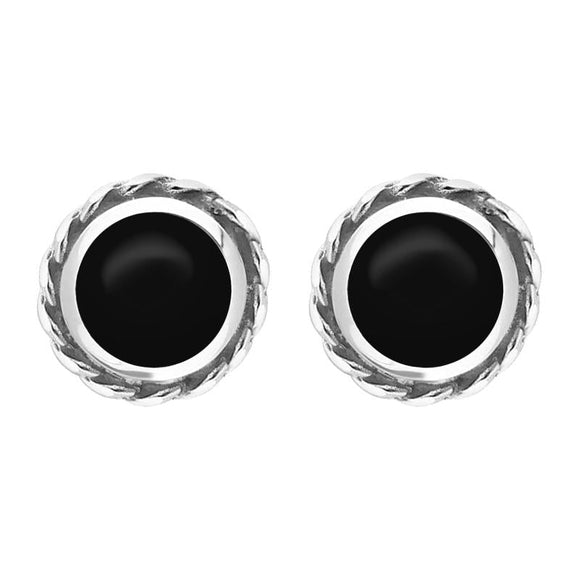 Sterling Silver Whitby Jet Round Twist Edge Stud Earrings. E134.