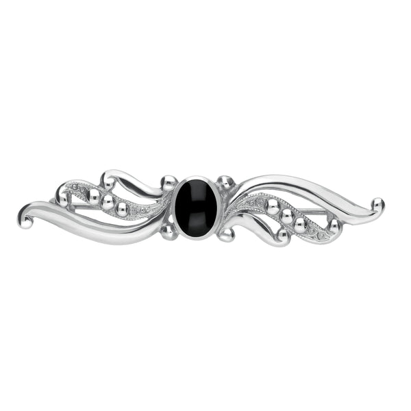 Sterling Silver Whitby Jet Scroll Bead Brooch. M045.