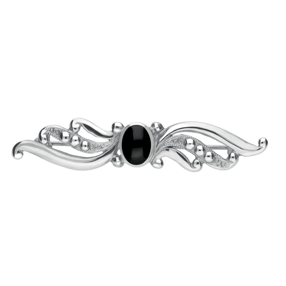 Sterling Silver Whitby Jet Scroll Bead Brooch. M045.