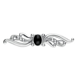 Sterling Silver Whitby Jet Scroll Bead Brooch. M045.