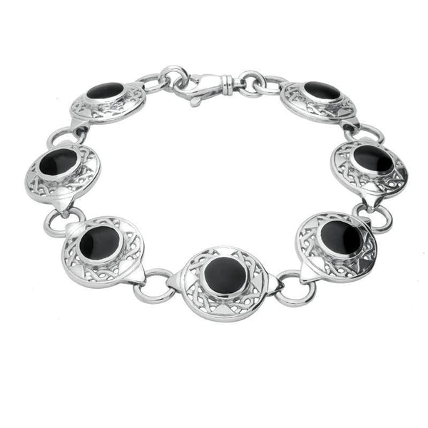 Sterling Silver Whitby Jet Seven Stone Round Celtic Bracelet B200