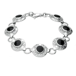 Sterling Silver Whitby Jet Seven Stone Round Celtic Bracelet B200