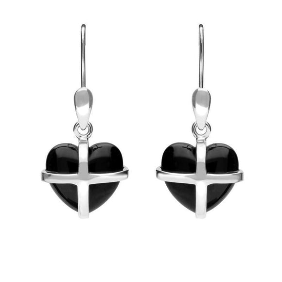 Sterling Silver Whitby Jet Small Cross Heart Drop Earrings E1287