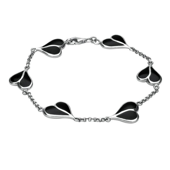 Sterling Silver Whitby Jet Split Heart Bracelet. B360.