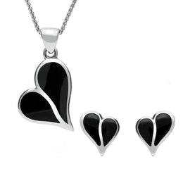 Sterling Silver Whitby Jet Split Heart Two Piece Set, S053.