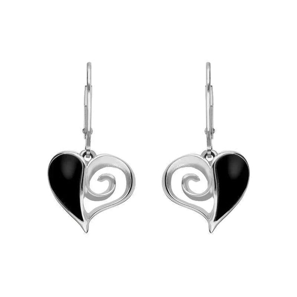 Sterling Silver Whitby Jet Swirl Heart Drop Earrings E1872
