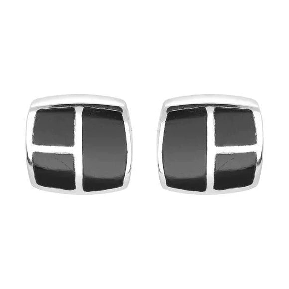 Sterling Silver Whitby Jet Three Stone Square Stud Earrings, E1949.