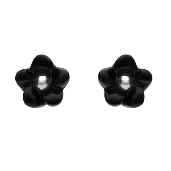 Sterling Silver Whitby Jet Tiny Petal Stud Earrings. E1325.