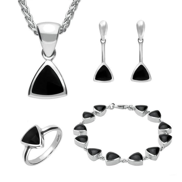 Sterling Silver Whitby Jet Triangular Four Piece Set. S004
