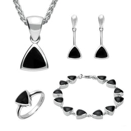 Sterling Silver Whitby Jet Triangular Four Piece Set. S004