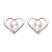 Sterling Silver White Pearl Open Heart Stud Earrings, E2073.