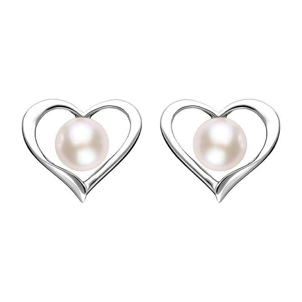 Sterling Silver White Pearl Open Heart Stud Earrings, E2073.