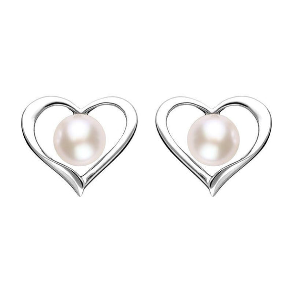 Sterling Silver White Pearl Open Heart Stud Earrings, E2073.