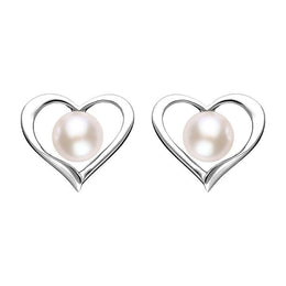Sterling Silver White Pearl Open Heart Stud Earrings, E2073.