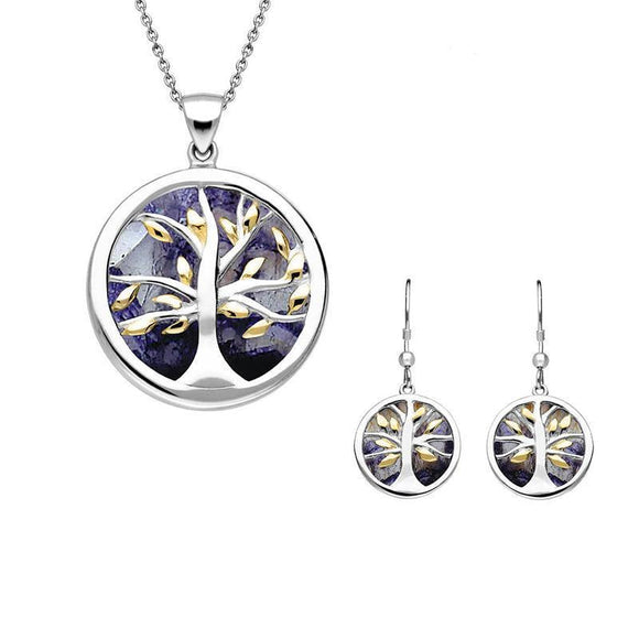 Sterling Silver Yellow Gold Plate Blue John Medium Round Tree of Life Two Piece Set S065