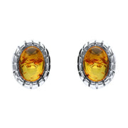 Sterling Silver Baltic Amber Oval Beaded Edge Small Stud Earrings E1793