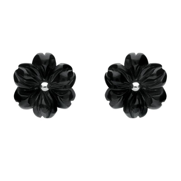 Sterling Silver Whitby Jet Carved Large Flower Stud Earrings E1323
