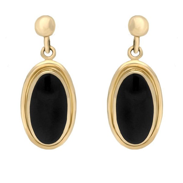 00071765 C W Sellors 9ct Yellow Gold Whitby Jet Ribbed Oval Drop Earrings, E205.
