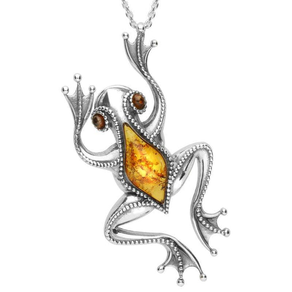 00107114 C W Sellors Sterling Silver Amber Large Frog Necklace, P2315