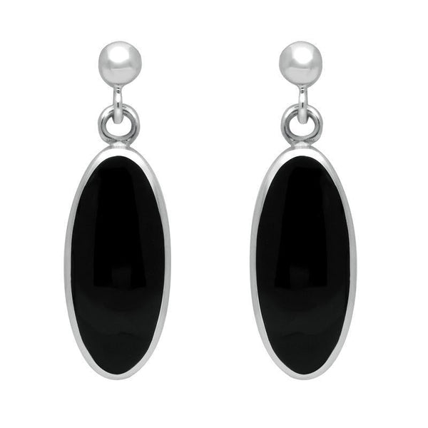 00073985 C W Sellors Sterling Silver Whitby Jet Light Long Oval Drop Earrings, E146.